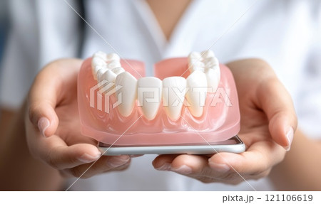 Dental innovation: dentist utilizing digital tools for internet consultations, bookings, integrating technology in dental treatments with 3D modeling, x-ray imaging, enhancing patient experience care. 121106619