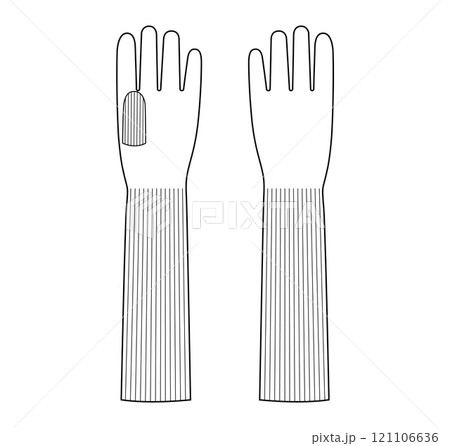 Knit Wool Gloves Elbow length Fashion hand accessory clothing technical illustration garment. Vector front palm back 121106636