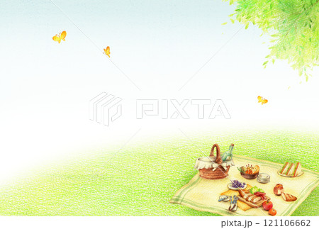 ピクニックのお弁当と青空の緑の野原の背景 横 手描き色鉛筆画 ピクニックのお弁当と青空の緑の野原の背景 横 手描き色鉛筆画 121106662