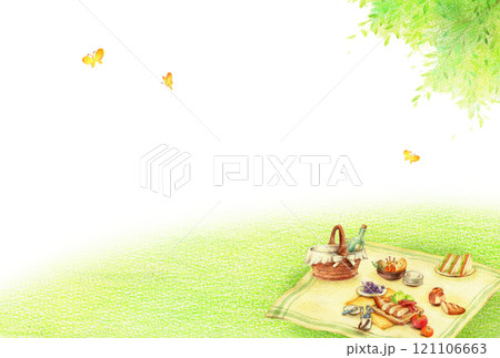 ピクニックのお弁当と緑の野原の背景　横　手描き色鉛筆画 121106663