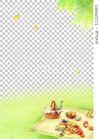 Picnic lunch box and green field background vertical hand-drawn colored pencil drawing 121106665