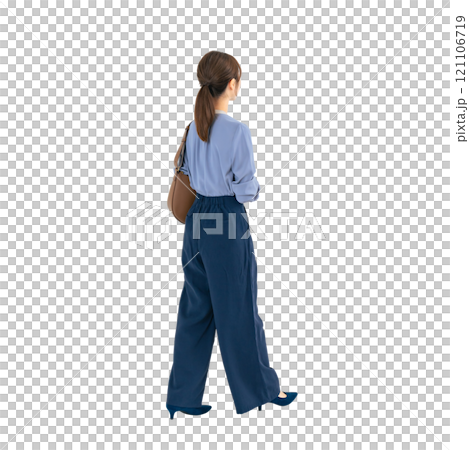 The back view of a woman walking in casual wear. A transparent full-body photo PNG precisely cut by hand 121106719