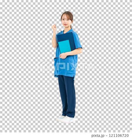 A woman wearing a scrub and doing a fist pump - A transparent full-body photo PNG precisely cut by hand A woman wearing a scrub and doing a fist pump - A transparent full-body photo PNG precisely cut by hand 121106720