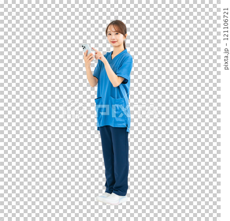 A woman wearing a scrub and using a smartphone - A transparent full-body photo PNG precisely cut by hand 121106721