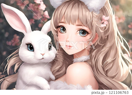 白いウサギを抱いたかわいい女の子のイラストのイラスト素材