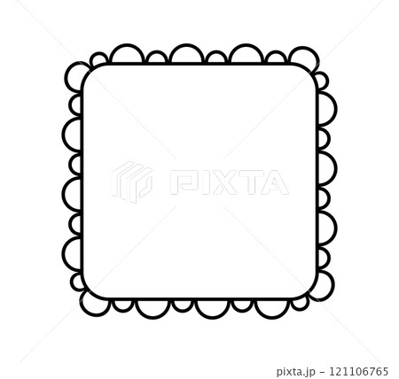 Scalloped edge square frame. Simple rectangle scalloped border. Fabric lace pattern frame. Repeat cute vintage frill ornament. Texture ribbon. Vector illustration isolated on white background 121106765
