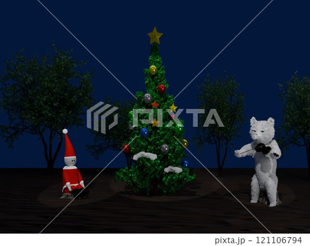 夜のクリスマスツリー、猫のバイオリン演奏を聞くサンタクロースの人形 夜のクリスマスツリー、猫のバイオリン演奏を聞くサンタクロースの人形 121106794