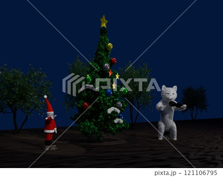 夜のクリスマスツリー、猫のバイオリン演奏を聞くサンタクロースの人形 夜のクリスマスツリー、猫のバイオリン演奏を聞くサンタクロースの人形 121106795