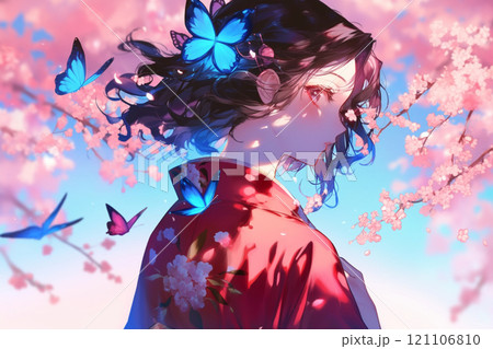 桜の木のそばにいる女性 121106810