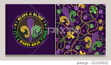 Seamless Mardi Gras pattern, label with strings of beads, streamer ribbons, coins, trinket, Fleur de Lis sign. Randomly scattered objects. Text Beads Bling Mardi Gras thing 121107012