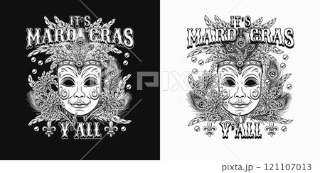Mardi Gras monochrome label. Emblem with carnival venetian face mask with bundle of feathers, scattered beads, text. Vintage holiday composition. 121107013