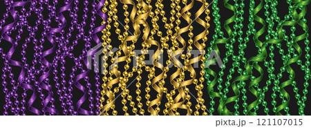 Horizontal Mardi Gras carnival banner with vertical hanging strings of beads, streamer ribbons. Backdrop, photo booth design for festival, carnival, party, holiday events Horizontal Mardi Gras carnival banner with vertical hanging strings of beads, streamer ribbons. Backdrop, photo booth design for festival, carnival, party, holiday events 121107015