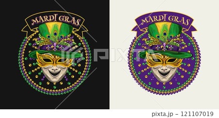 Mardi Gras themed circular label. Emblem with strings of beads, flying confetti, text in ribbon, carnival comedy face mask in tall cylinder hat. Vintage holiday composition. 121107019