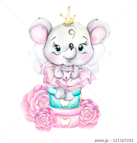 Watercolor tooth fairy. Cartoon dental princess mouse and roses. Medical kids illustration for print, textile, design and decoration 121107282