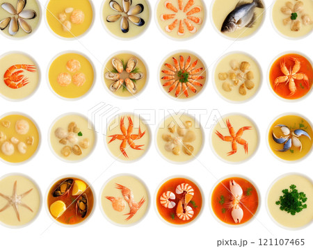 Seafood Medley - A mix of various shellfish and fish cuts, often used in soups, stews, or pasta. 121107465