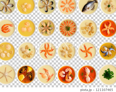 Seafood Medley - A mix of various shellfish and fish cuts, often used in soups, stews, or pasta. 121107465