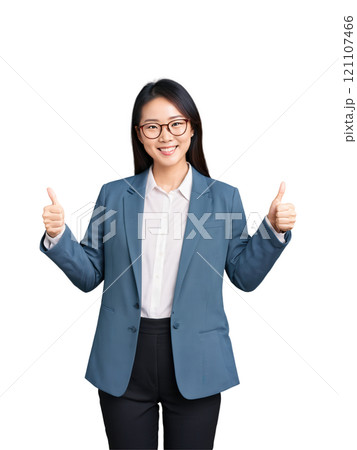 Happy East Asian woman in glasses, showing thumbs-up, bright lighting, colorful background. 121107466