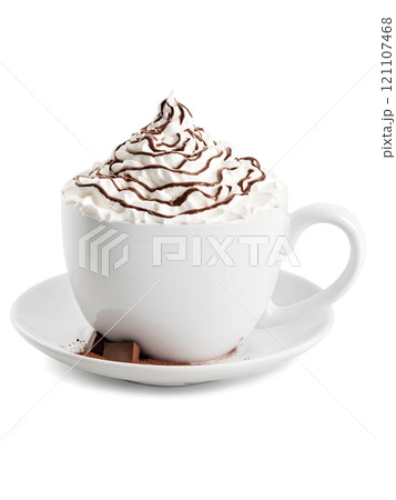Steaming Hot Chocolate topped with whipped cream and chocolate shavings, rich brown and white tones, isolated 121107468