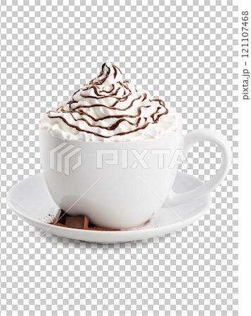 Steaming Hot Chocolate topped with whipped cream and chocolate shavings, rich brown and white tones, isolated 121107468