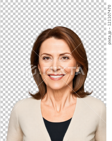 Middle-aged woman with shoulder-length brown hair and warm, brown eyes, a gentle smile. She wears a soft cardigan. 121107470