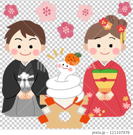 巳年　鏡餅風な白蛇と着物を着た子供達の年賀状アイコンイラスト 121107876