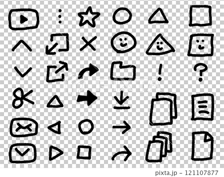 落書き風の可愛いパソコンで使うアイコンセット　モノクロ 121107877