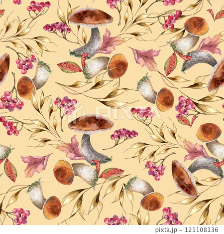 Woodland plants on repeated texture painted. Aspen mushrooms, dried herbs and red berries watercolor seamless pattern isolated. Viburnum , boletus hand drawn. Autumn plants on botanical background. Woodland plants on repeated texture painted. Aspen mushrooms, dried herbs and red berries watercolor seamless pattern isolated. Viburnum , boletus hand drawn. Autumn plants on botanical background. 121108136