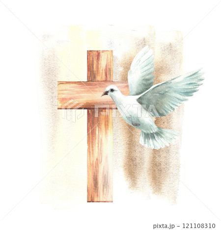 White dove with wooden cross on watercolor beige splashes, spotted background. Flying bird pigeon, symbol of peace and Christian religion. hand drawn illustration for Baptism, Easter card. Isolated White dove with wooden cross on watercolor beige splashes, spotted background. Flying bird pigeon, symbol of peace and Christian religion. hand drawn illustration for Baptism, Easter card. Isolated 121108310