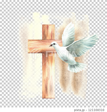 White dove with wooden cross on watercolor beige splashes, spotted background. Flying bird pigeon, symbol of peace and Christian religion. hand drawn illustration for Baptism, Easter card. Isolated White dove with wooden cross on watercolor beige splashes, spotted background. Flying bird pigeon, symbol of peace and Christian religion. hand drawn illustration for Baptism, Easter card. Isolated 121108310