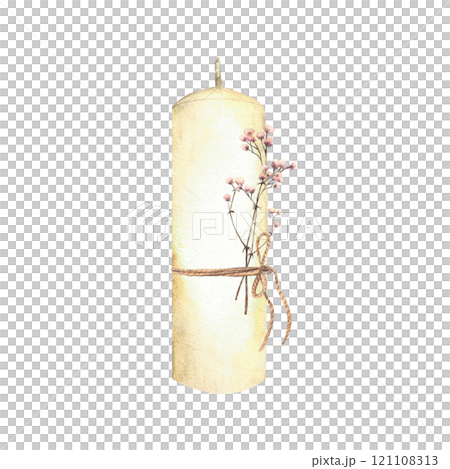 White candle with jute rope and dried branch with pink flowers. Watercolor illustration for the church religious holidays, baptism, first communion, wedding, Easter Hand drawn isolated from background 121108313