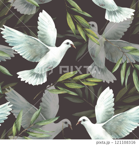 Flying Pigeon with green olive branches seamless pattern. White dove bird, symbol of peace Watercolor Hand drawn illustration for Christian religion, baptism fabric, packaging Isolated dark background 121108316