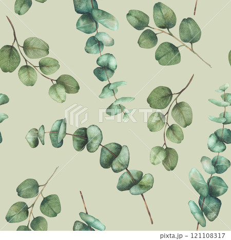 Olive tree branch, fruitless with green leaves watercolor seamless pattern. Botanical floral clipart. Hand drawn greenery foliage. Illustration for wallpaper, fabric Isolated pastel coloured 121108317