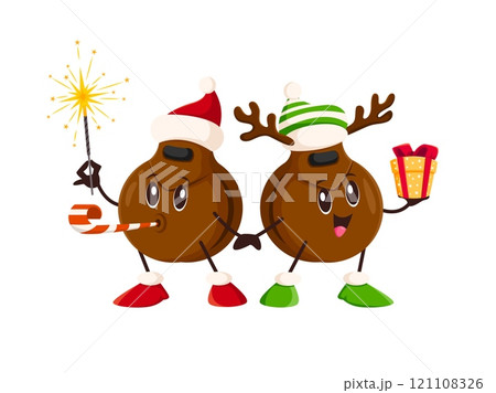 Cartoon castanets musical instrument characters enjoy festive Christmas winter holiday with gifts and fun decoration. Vector personages with sparker and present box bringing joy to Xmas celebrations Cartoon castanets musical instrument characters enjoy festive Christmas winter holiday with gifts and fun decoration. Vector personages with sparker and present box bringing joy to Xmas celebrations 121108326