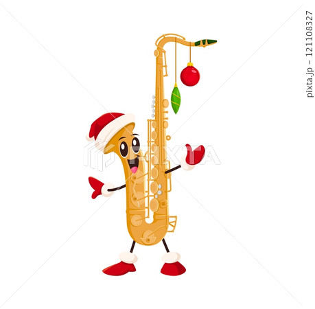 Cartoon saxophone character wearing Santa hat and gloves, adorned with bright baubles exudes winter holiday vibe. Isolated vector festive sax brass wind instrument bringing musical joy to Xmas eve 121108327