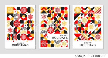 Christmas posters with Bauhaus and Swiss abstract geometric patterns in red, yellow, and black colors creating a festive holiday atmosphere. Vector vertical covers, layouts or background templates 121108339