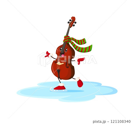 Cartoon cello musical instrument character ice skating during Christmas winter holiday season. Vector festive personage with cheerful expression adds fun to Xmas celebrations and musical entertainment 121108340