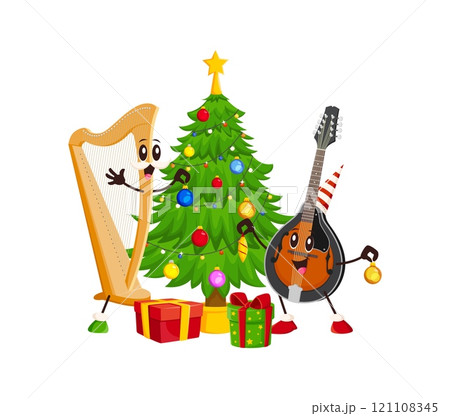 Cartoon harp and mandolin musical instrument characters enjoy Christmas with a decorated tree and gifts, spreading festive spirit. Vector cheerful string personages celebrating winter holiday with joy 121108345