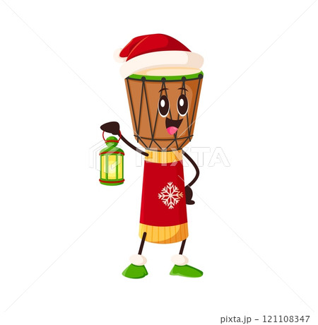 Cartoon jumbo drum character in Santa hat and sweater holding glowing lantern. Vector African tribal festive musical instrument celebrates Christmas winter holiday, emphasizes music and joyful spirit Cartoon jumbo drum character in Santa hat and sweater holding glowing lantern. Vector African tribal festive musical instrument celebrates Christmas winter holiday, emphasizes music and joyful spirit 121108347