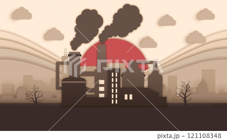 Chimney smoke, paper cut factory pollution, environment paper cut banner. Vector 3d power plant building of energy, oil and chemical industry, factory pipes, chimney and black clouds of polluted smoke Chimney smoke, paper cut factory pollution, environment paper cut banner. Vector 3d power plant building of energy, oil and chemical industry, factory pipes, chimney and black clouds of polluted smoke 121108348