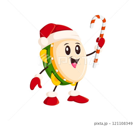 Cartoon tambourine character wearing Santa hat and festive attire holding candy cane, celebrating winter Christmas holiday. Isolated vector cute musical instrument personage enjoying Xmas festivities 121108349