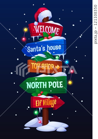 Wooden Christmas sign board or Xmas North Pole signage with Santa hat and snow, cartoon vector. Christmas signboard with direction arrows to Santa house, North Pole and Elf village for winter holiday Wooden Christmas sign board or Xmas North Pole signage with Santa hat and snow, cartoon vector. Christmas signboard with direction arrows to Santa house, North Pole and Elf village for winter holiday 121108350