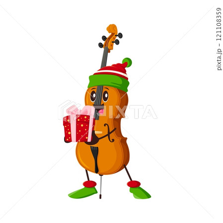 Cartoon cello or double bass character in festive hat holds decorated Christmas gift exudes winter holiday spirit. Isolated vector cheerful and charming musical instrument personage with a present box 121108359