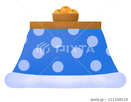 水玉柄の青いこたつとカゴ入りみかんのイラスト 水玉柄の青いこたつとカゴ入りみかんのイラスト 121108519