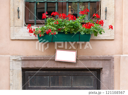 Pointer on the house under the window about the prohibition of parking. Flowers in a hill on the windowsill. Layout template sign Pointer on the house under the window about the prohibition of parking. Flowers in a hill on the windowsill. Layout template sign 121108567