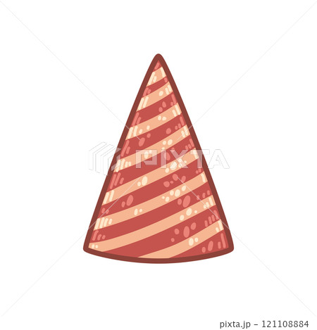 Handcrafted striped party hat illustration with a cheerful rustic vibe. For creating designs for festive events, or kids parties. Versatile decoration element for invites, cards, digital art projects 121108884