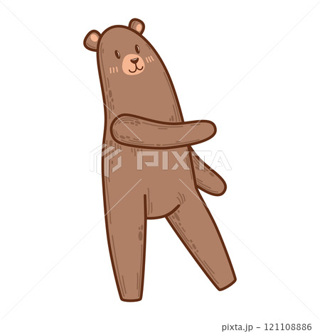 Playful bear illustration striking a dynamic pose with a cheerful expression. For kids projects, party invitations, or woodland designs. Hand-drawn style perfect for playful, nature-inspired graphics 121108886
