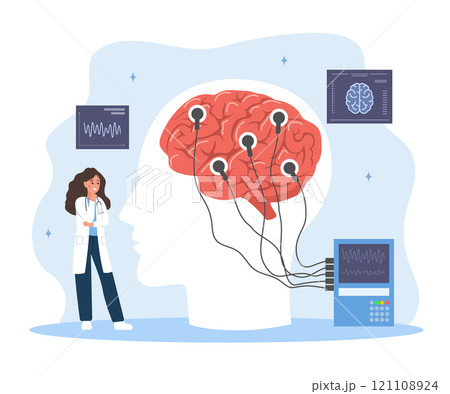 Neurologist concept. Woman in medical uniform examine human brain. Electroencephalography. Brain Connected to Display with EEG Indication. Vector illustration in flat cartoon style 121108924