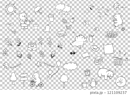 Spring bear hand drawn line drawing illustration set 121109237