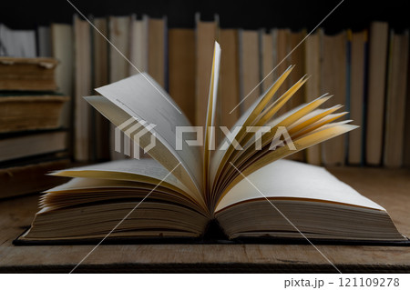 Book background. Old books in the library. Bookshelf shop. Knowledge, publications, literature. Bookish, bookstore, bookshop 121109278