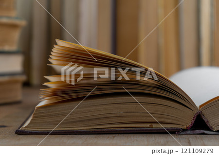 Book background. Old books in the library. Bookshelf shop. Knowledge, publications, literature. Bookish, bookstore, bookshop 121109279